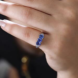 Premium Ceylon Blue Sapphire and Diamond 3 Stone Ring in Platinum Over Sterling Silver (Size 5.0) 1.40 ctw