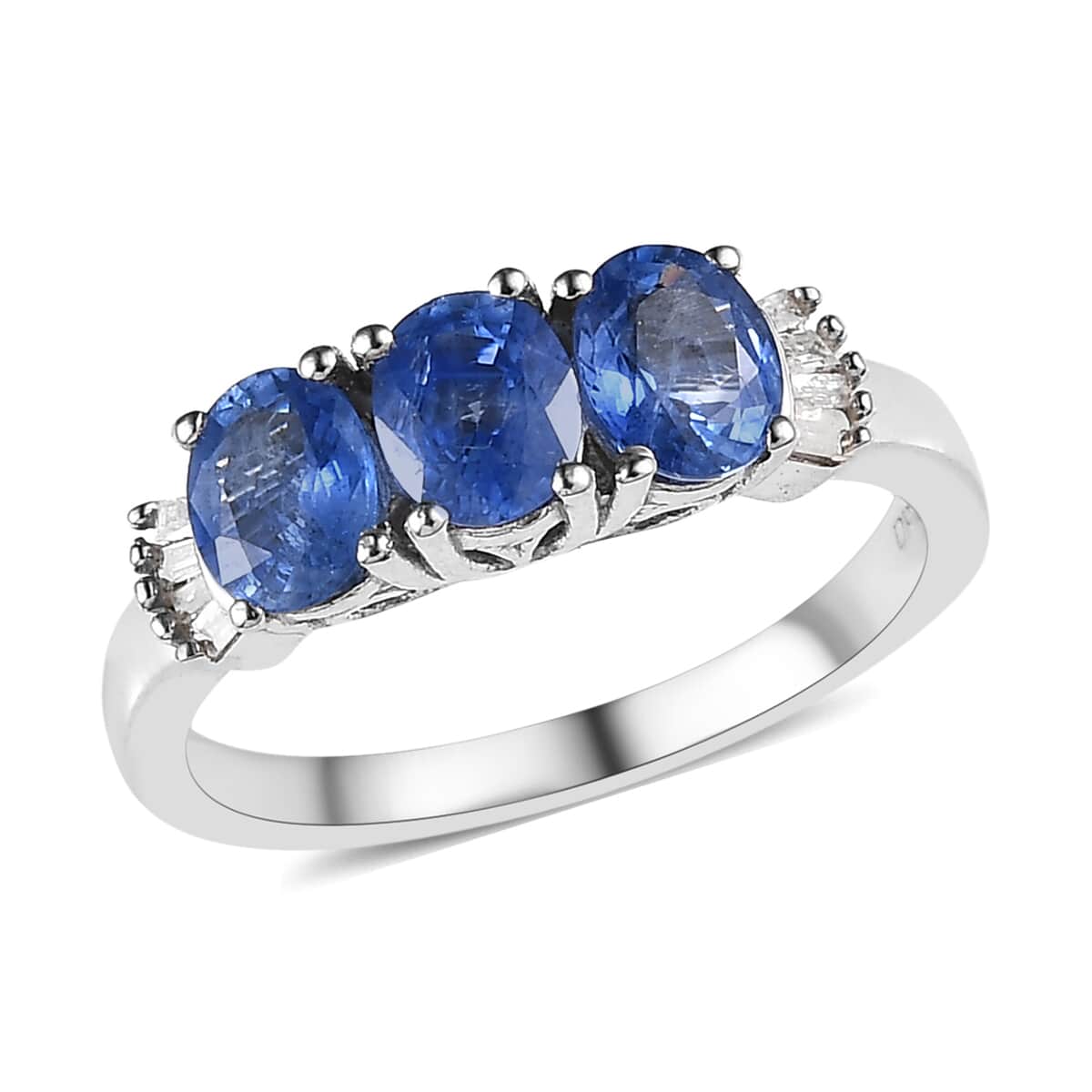 Premium Ceylon Blue Sapphire and Diamond 3 Stone Ring in Platinum Over Sterling Silver (Size 6.0) 1.40 ctw image number 0