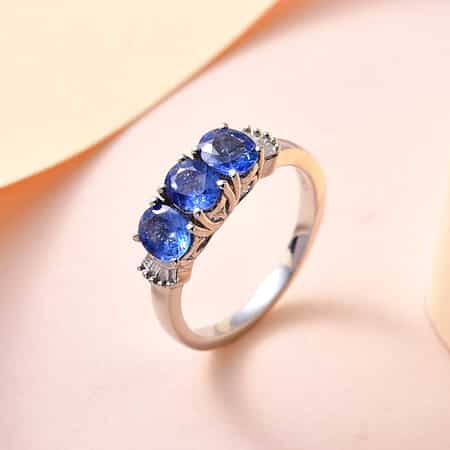Premium Ceylon Blue Sapphire and Diamond 3 Stone Ring in Platinum Over Sterling Silver (Size 6.0) 1.40 ctw image number 1