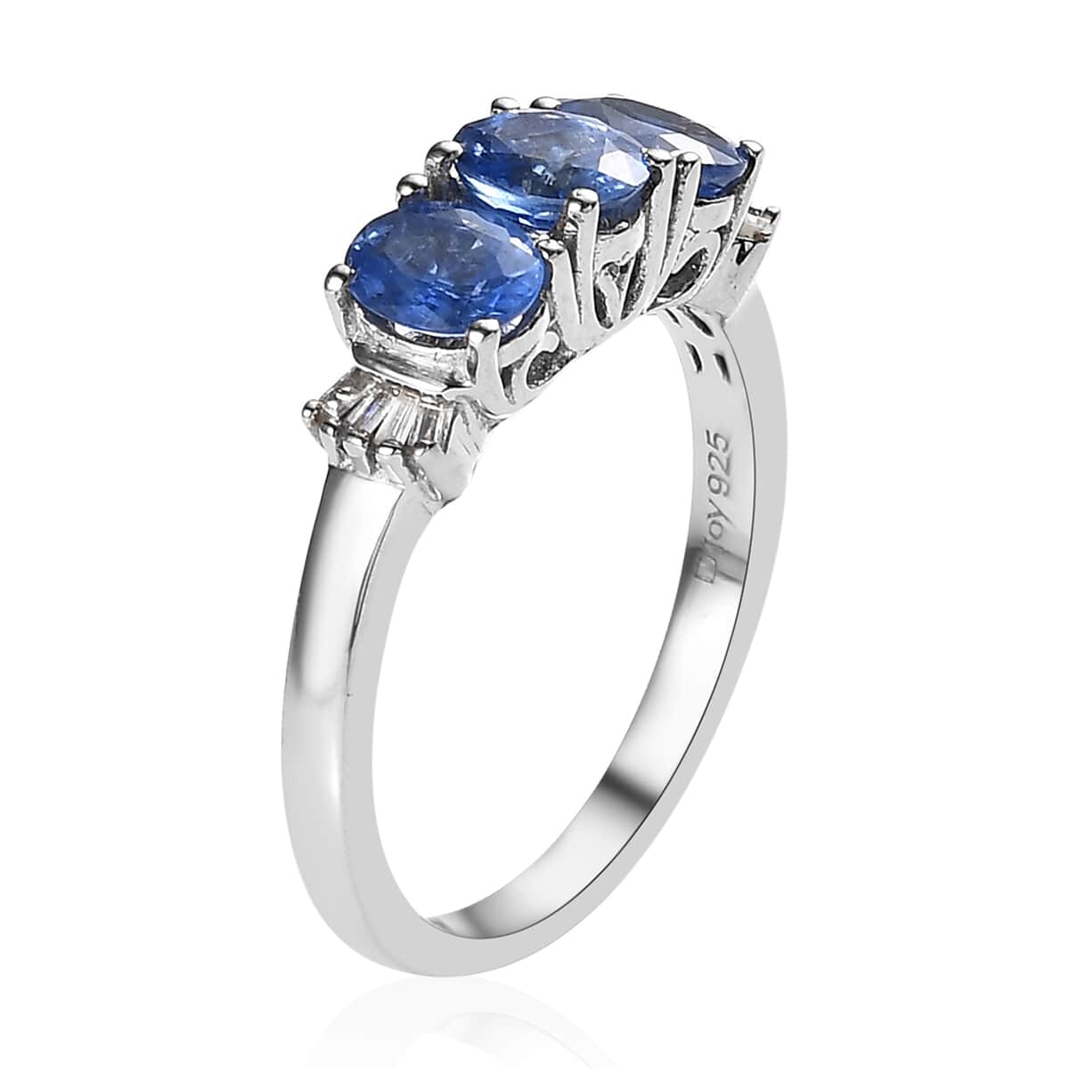 Premium Ceylon Blue Sapphire and Diamond 3 Stone Ring in Platinum Over Sterling Silver (Size 6.0) 1.40 ctw image number 3