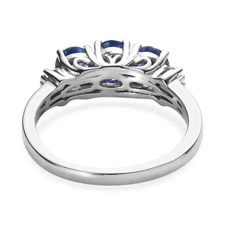 Premium Ceylon Blue Sapphire and Diamond 3 Stone Ring in Platinum Over Sterling Silver (Size 6.0) 1.40 ctw image number 4