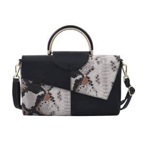 Closeout Deal Black and White Snake Print Genuine Leather Convertible Tote Bag with Shoulder Strap