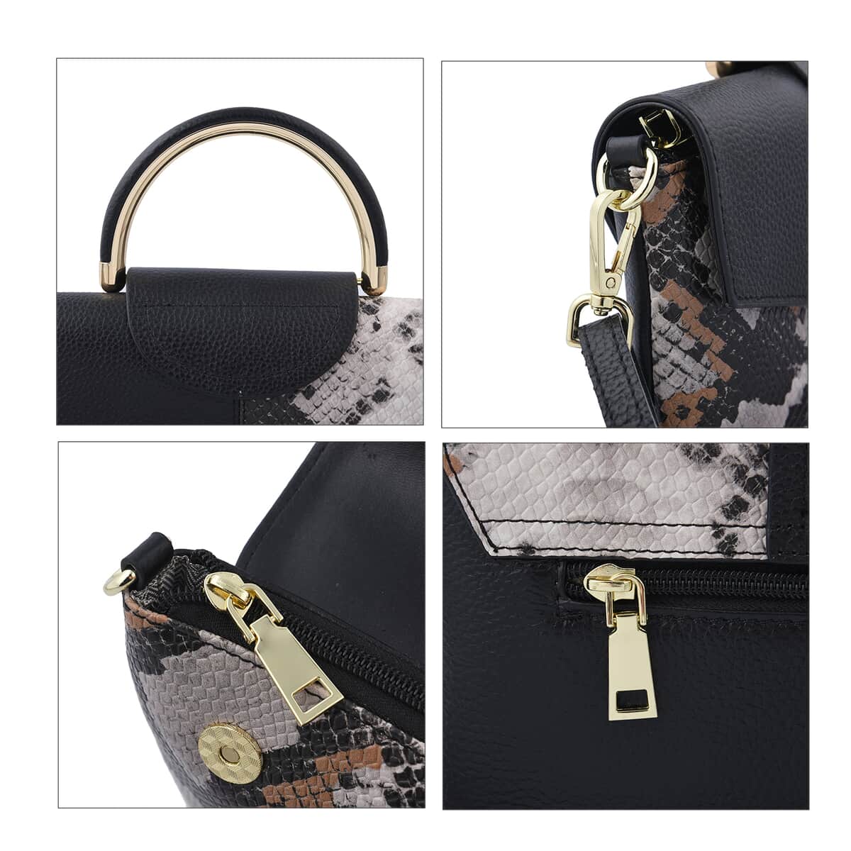 Closeout Deal Black and White Snake Print Genuine Leather Convertible Tote Bag (11.02"x1.18"x6.69") with Shoulder Strap image number 3