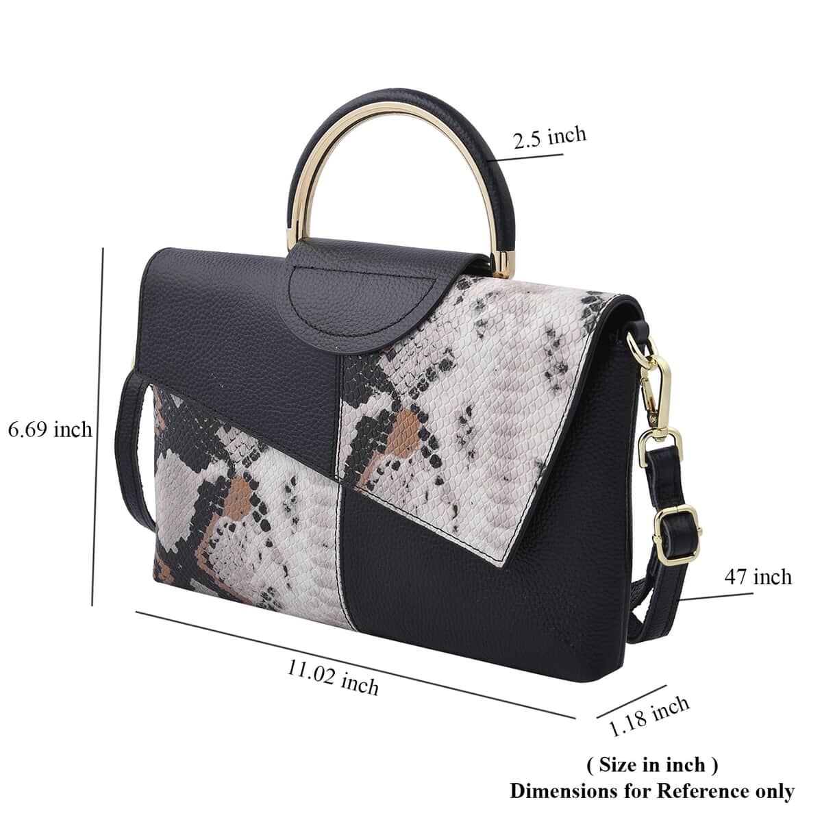 Closeout Deal Black and White Snake Print Genuine Leather Convertible Tote Bag (11.02"x1.18"x6.69") with Shoulder Strap image number 5