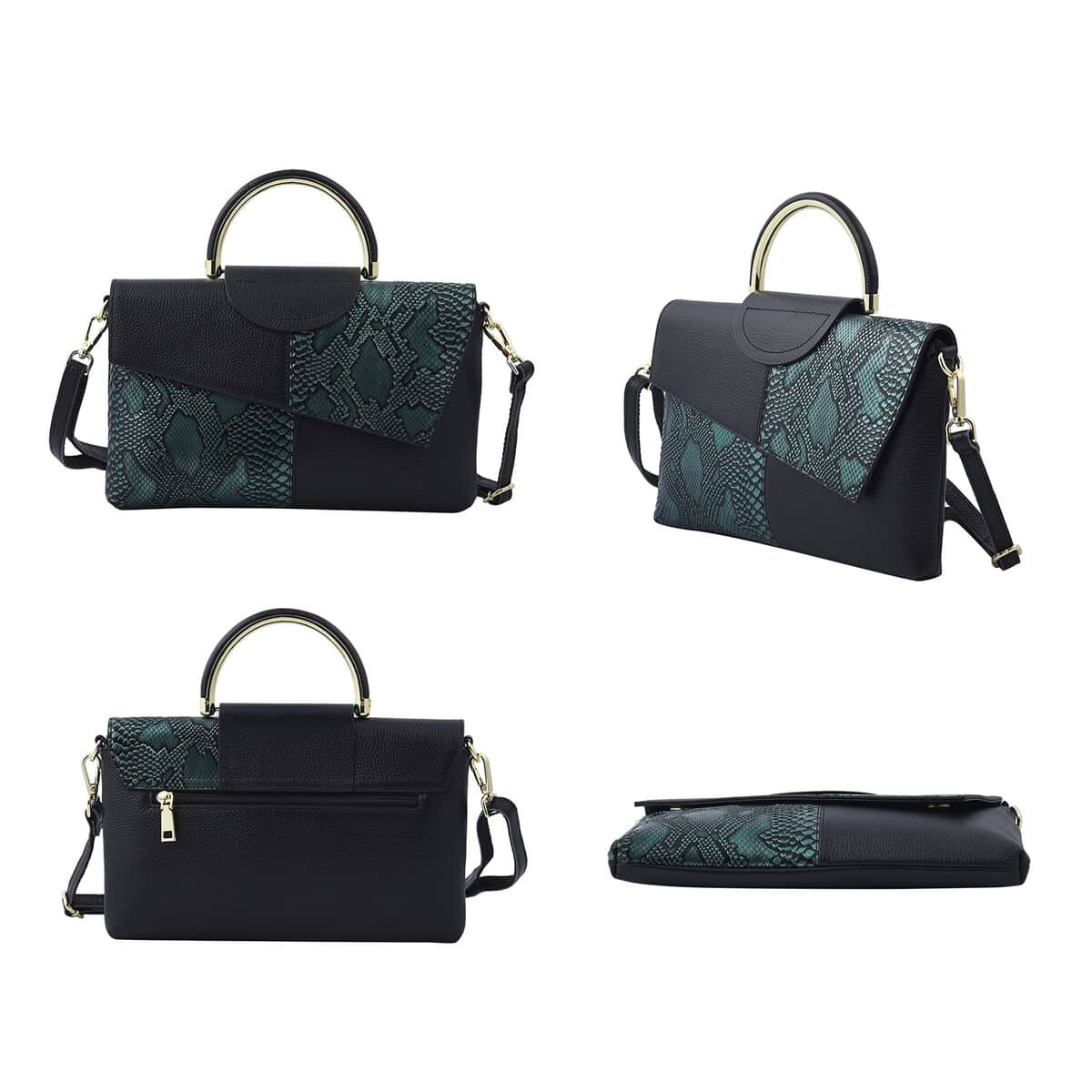 Closeout Deal Black and Green Snake Print Genuine Leather Convertible Tote Bag with Shoulder Strap image number 2