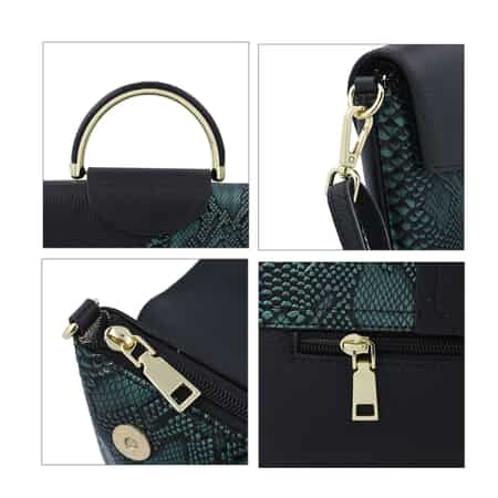Closeout Deal Black and Green Snake Print Genuine Leather Convertible Tote Bag with Shoulder Strap image number 3