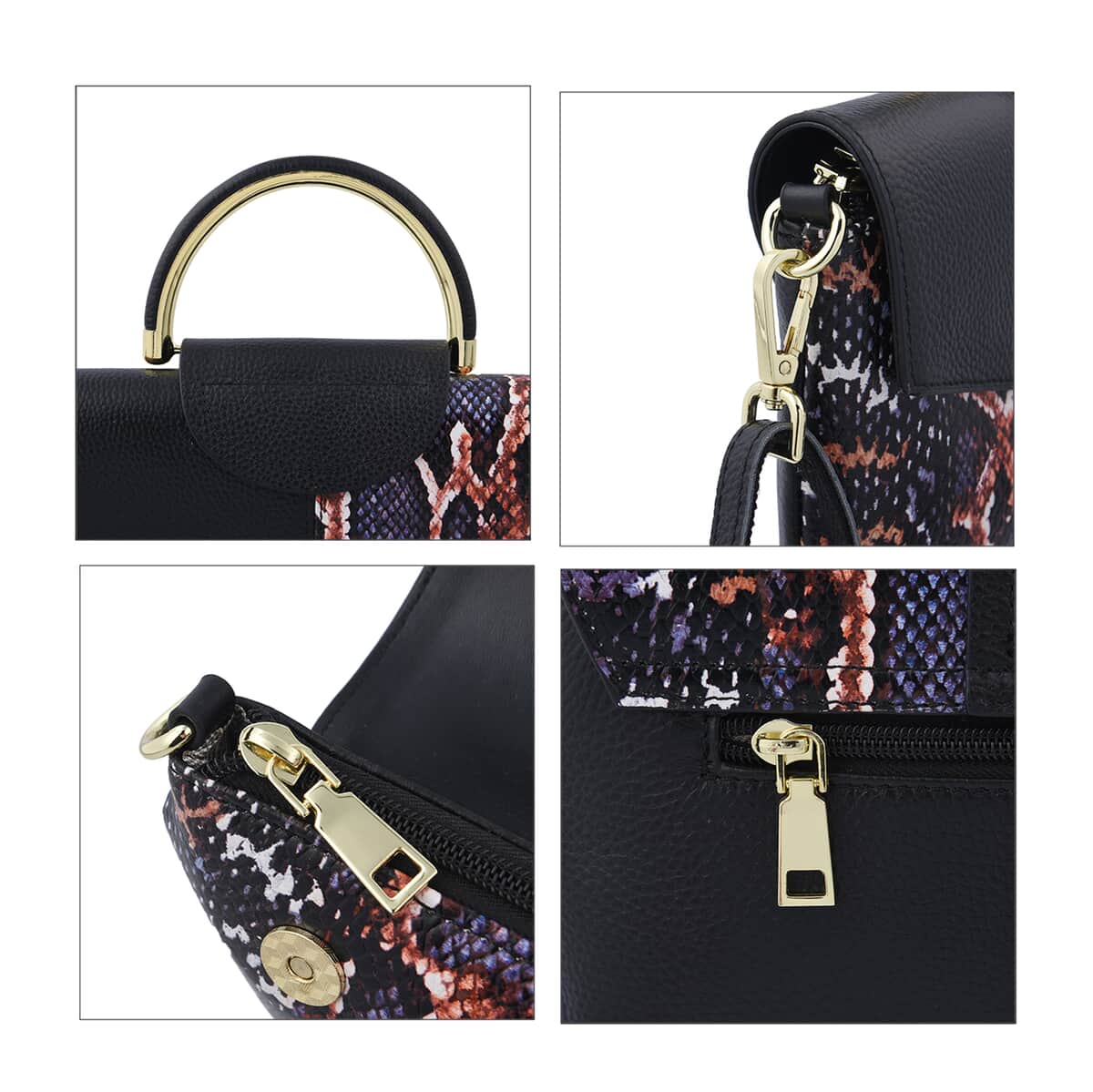 Closeout Deal Black and Purple Snake Print Genuine Leather Convertible Tote Bag with Shoulder Strap image number 3