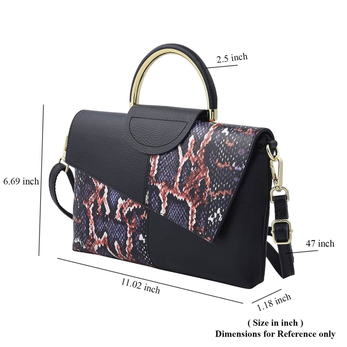 Closeout Deal Black and Purple Snake Print Genuine Leather Convertible Tote Bag with Shoulder Strap image number 5
