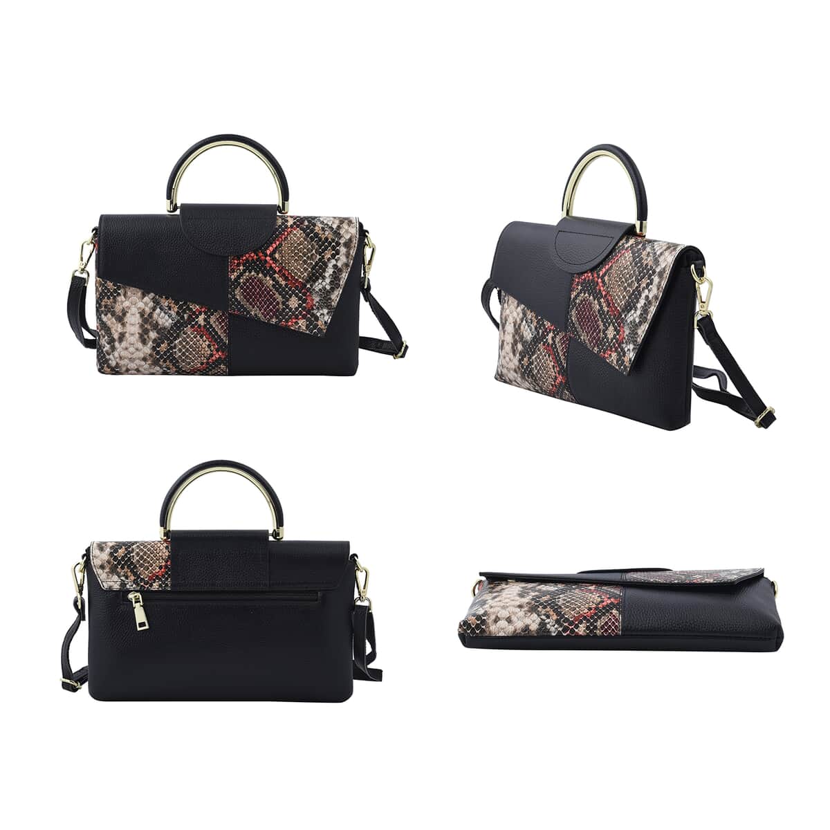 Closeout Deal Black and Khaki Snake Print Genuine Leather Convertible Tote Bag with Shoulder Strap image number 2