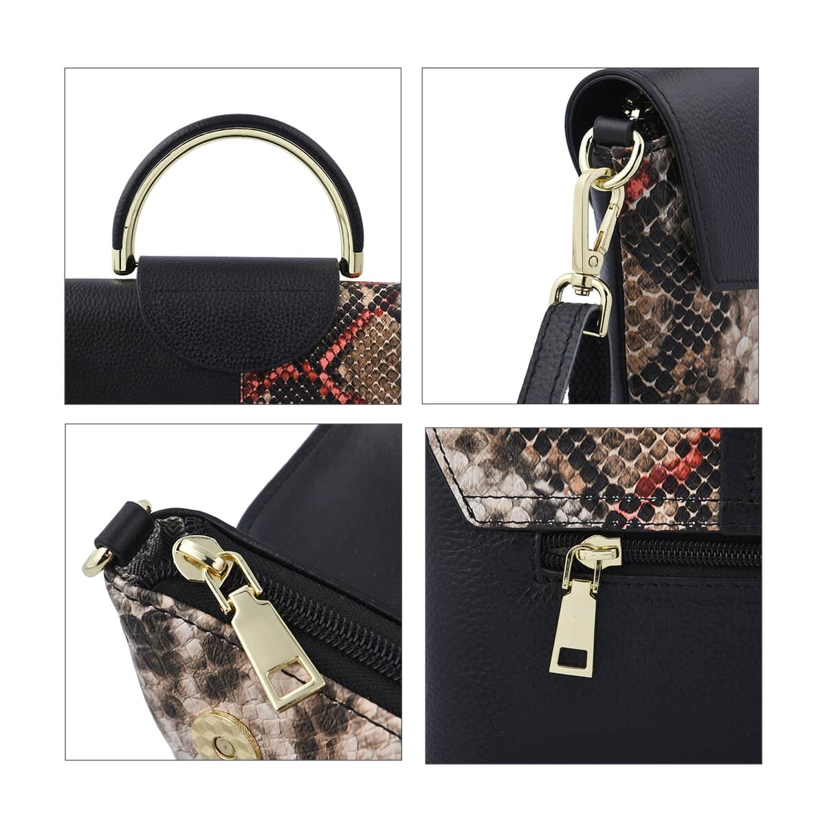 Closeout Deal Black and Khaki Snake Print Genuine Leather Convertible Tote Bag with Shoulder Strap image number 3