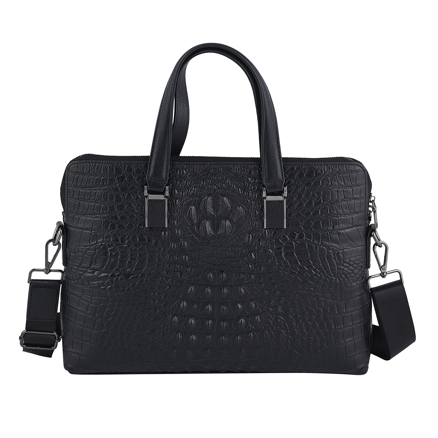 Black Croco Embossed Genuine Leather Laptop Bag with Handle Drop & Detachable Shoulder Strap