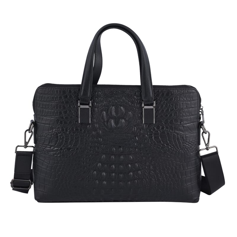 Black Croco Embossed Genuine Leather Laptop Bag with Handle Drop & Detachable Shoulder Strap