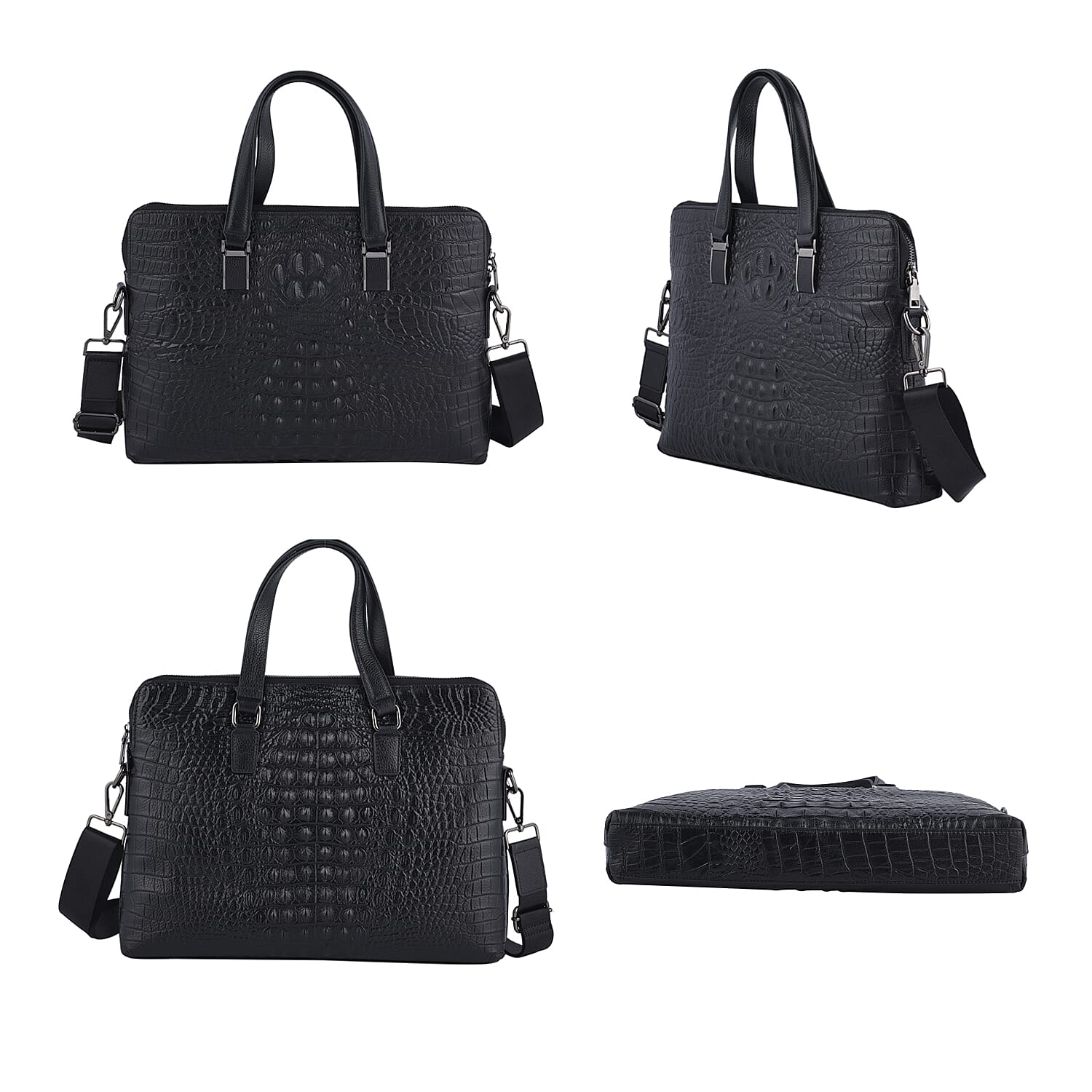 Black Croco Embossed Genuine Leather Laptop Bag with Handle Drop & Detachable Shoulder Strap