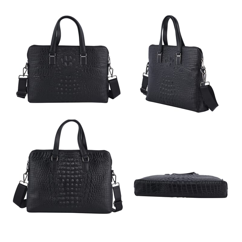 Black Croco Embossed Genuine Leather Laptop Bag with Handle Drop & Detachable Shoulder Strap