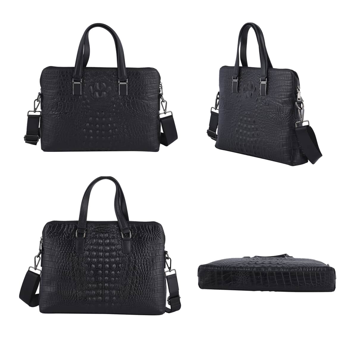 Black Croco Embossed Genuine Leather Laptop Bag with Handle Drop & Detachable Shoulder Strap image number 1