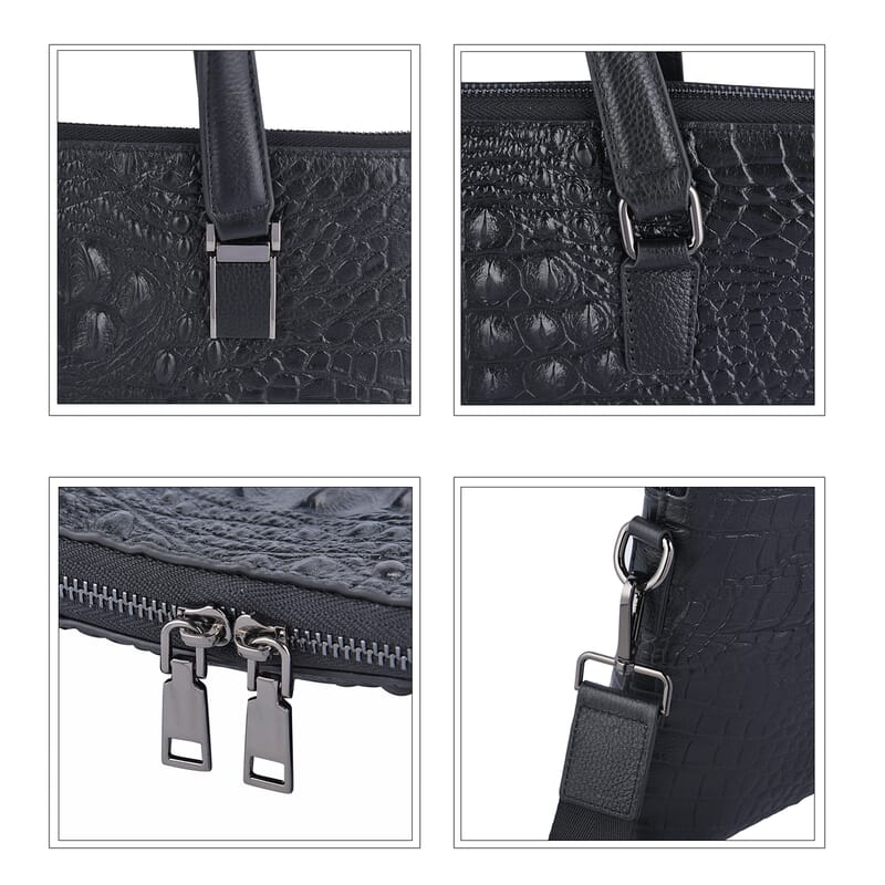 Black Croco Embossed Genuine Leather Laptop Bag with Handle Drop & Detachable Shoulder Strap