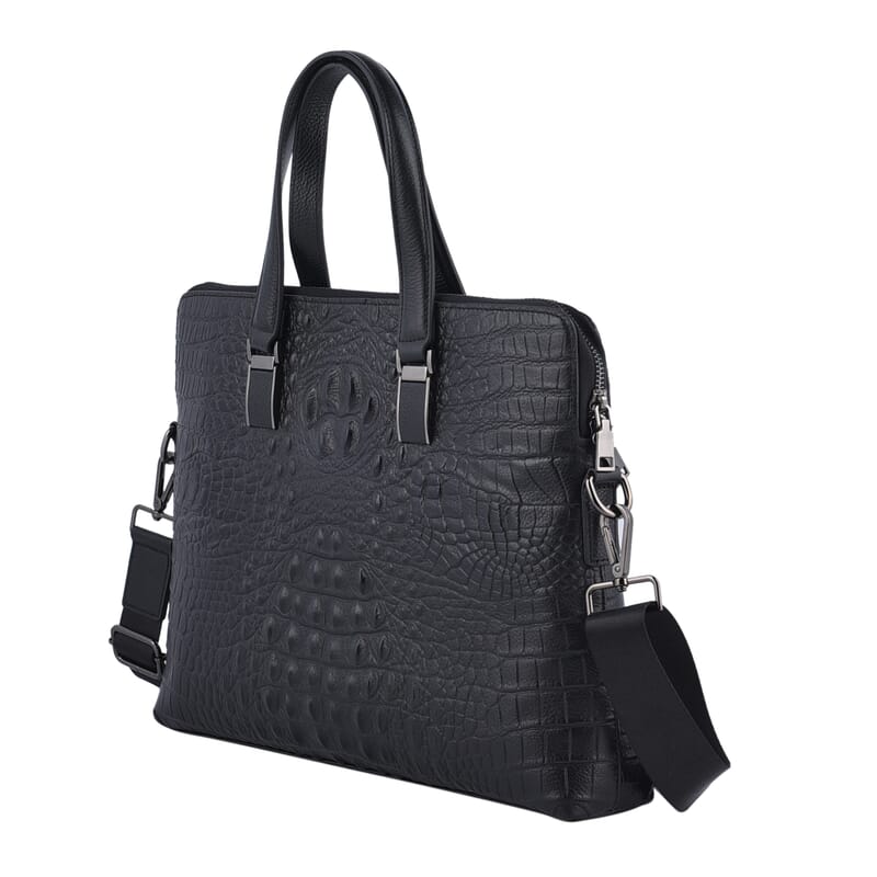 Black Croco Embossed Genuine Leather Laptop Bag with Handle Drop & Detachable Shoulder Strap