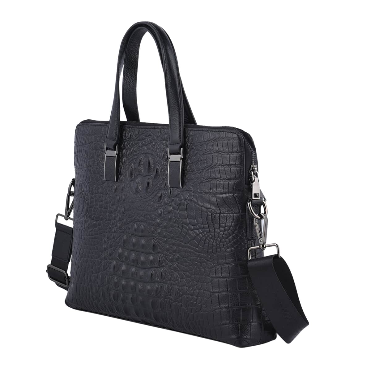 Black Crocodile Embossed Pattern Genuine Leather Laptop Bag (14.5"x2.8"x11.02") with Handle Drop & Detachable Shoulder Strap image number 4