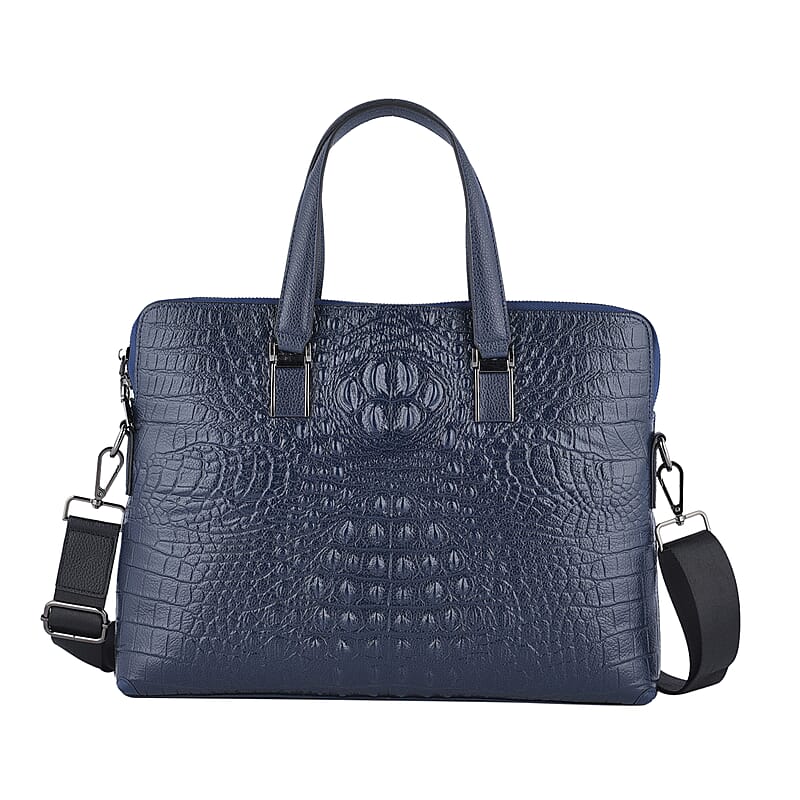 Navy Croco Embossed Genuine Leather Laptop Bag with Handle Drop & Detachable Shoulder Strap