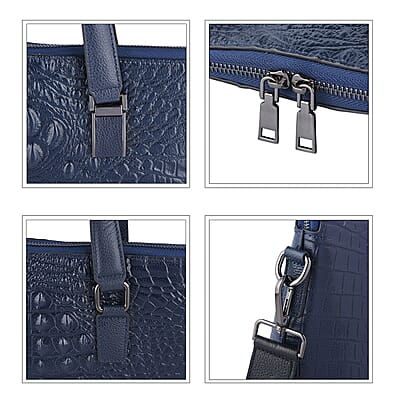 Navy Croco Embossed Genuine Leather Laptop Bag with Handle Drop & Detachable Shoulder Strap