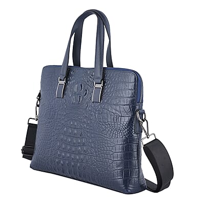 Navy Croco Embossed Genuine Leather Laptop Bag with Handle Drop & Detachable Shoulder Strap