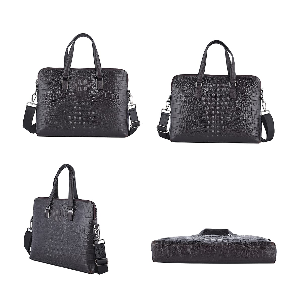 Coffee Croco Embossed Genuine Leather Laptop Bag with Handle Drop & Detachable Shoulder Strap image number 1