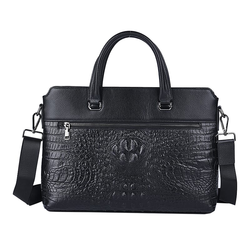Black Crocodile Embossed Pattern Genuine Leather Men's Laptop Bag with 45 Inches Shoulder Strap