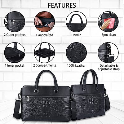 Black Crocodile Embossed Pattern Genuine Leather Men's Laptop Bag with 45 Inches Shoulder Strap