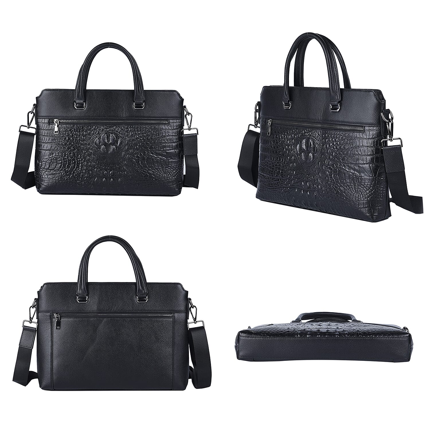 Black Crocodile Embossed Pattern Genuine Leather Men's Laptop Bag with 45 Inches Shoulder Strap