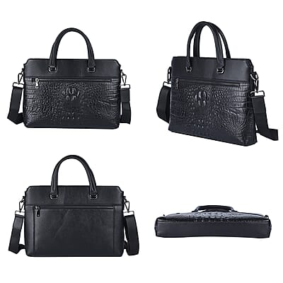Black Crocodile Embossed Pattern Genuine Leather Men's Laptop Bag with 45 Inches Shoulder Strap