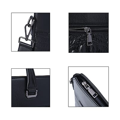 Black Crocodile Embossed Pattern Genuine Leather Men's Laptop Bag with 45 Inches Shoulder Strap
