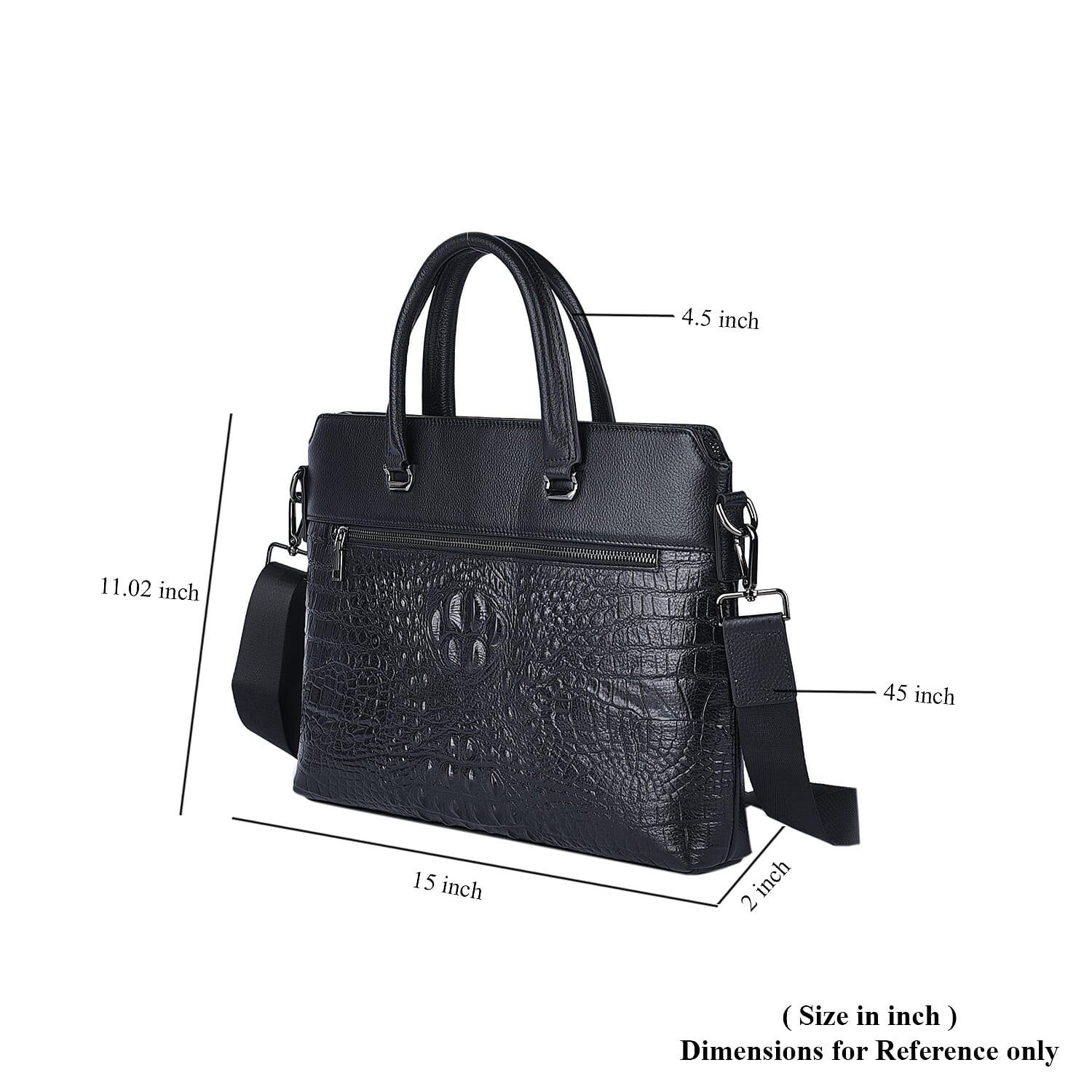Black Crocodile Embossed Pattern Genuine Leather Men's Laptop Bag with 45 Inches Shoulder Strap