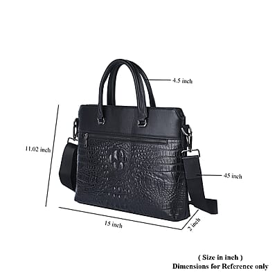 Black Crocodile Embossed Pattern Genuine Leather Men's Laptop Bag with 45 Inches Shoulder Strap