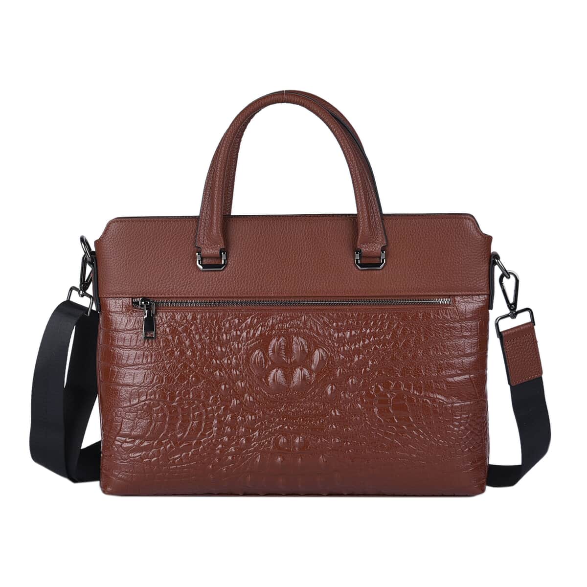 Brown Crocodile Embossed Pattern Genuine Leather Men's Laptop Bag with 45 Inches Shoulder Strap image number 0