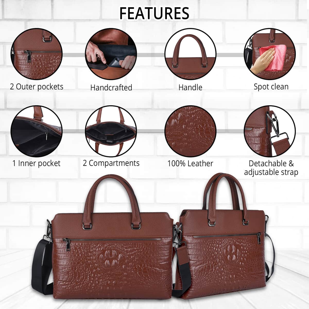 Brown Crocodile Embossed Pattern Genuine Leather Men's Laptop Bag with 45 Inches Shoulder Strap image number 1