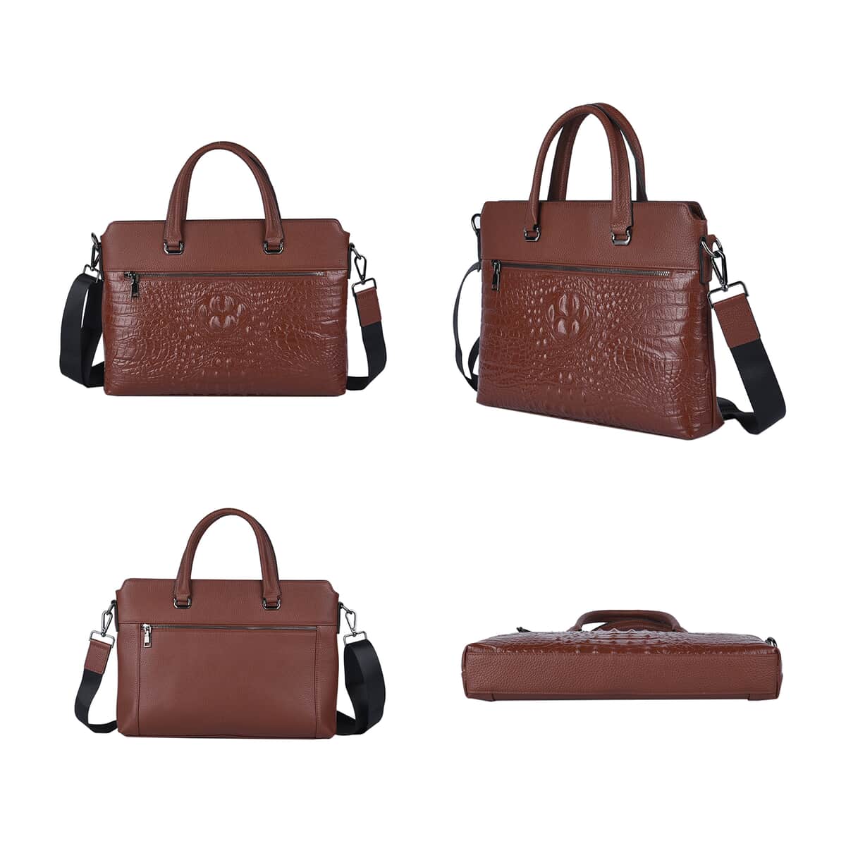 Brown Crocodile Embossed Pattern Genuine Leather Men's Laptop Bag with 45 Inches Shoulder Strap image number 2