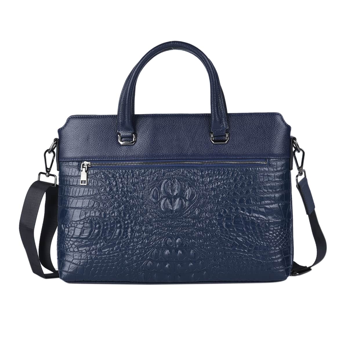 Navy Crocodile Embossed Pattern Genuine Leather Men's Laptop Bag with 45 Inches Shoulder Strap image number 0