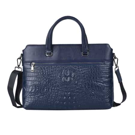 Navy Crocodile Embossed Pattern Genuine Leather Men's Laptop Bag with 45 Inches Shoulder Strap image number 0