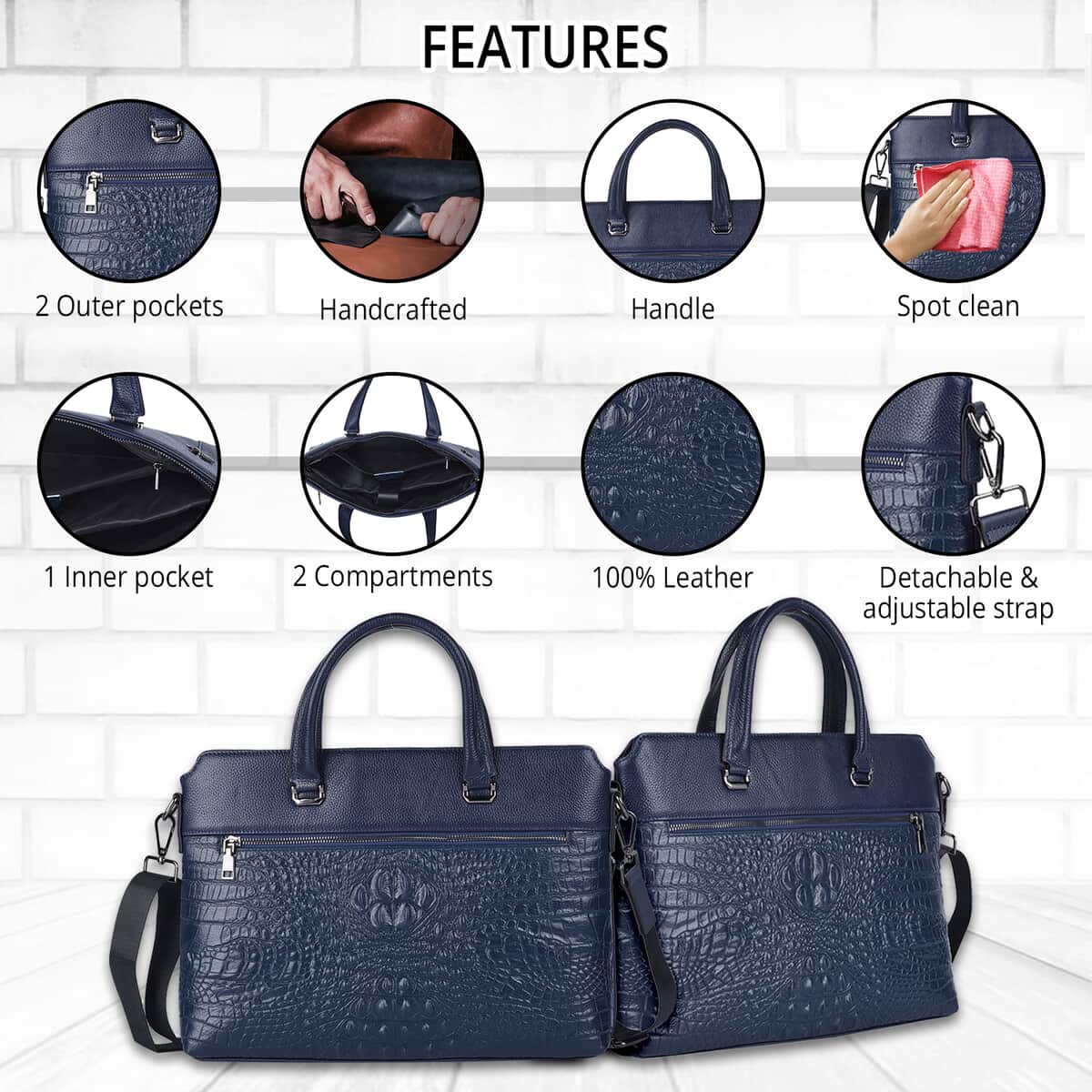 Navy Crocodile Embossed Pattern Genuine Leather Men's Laptop Bag with 45 Inches Shoulder Strap image number 1