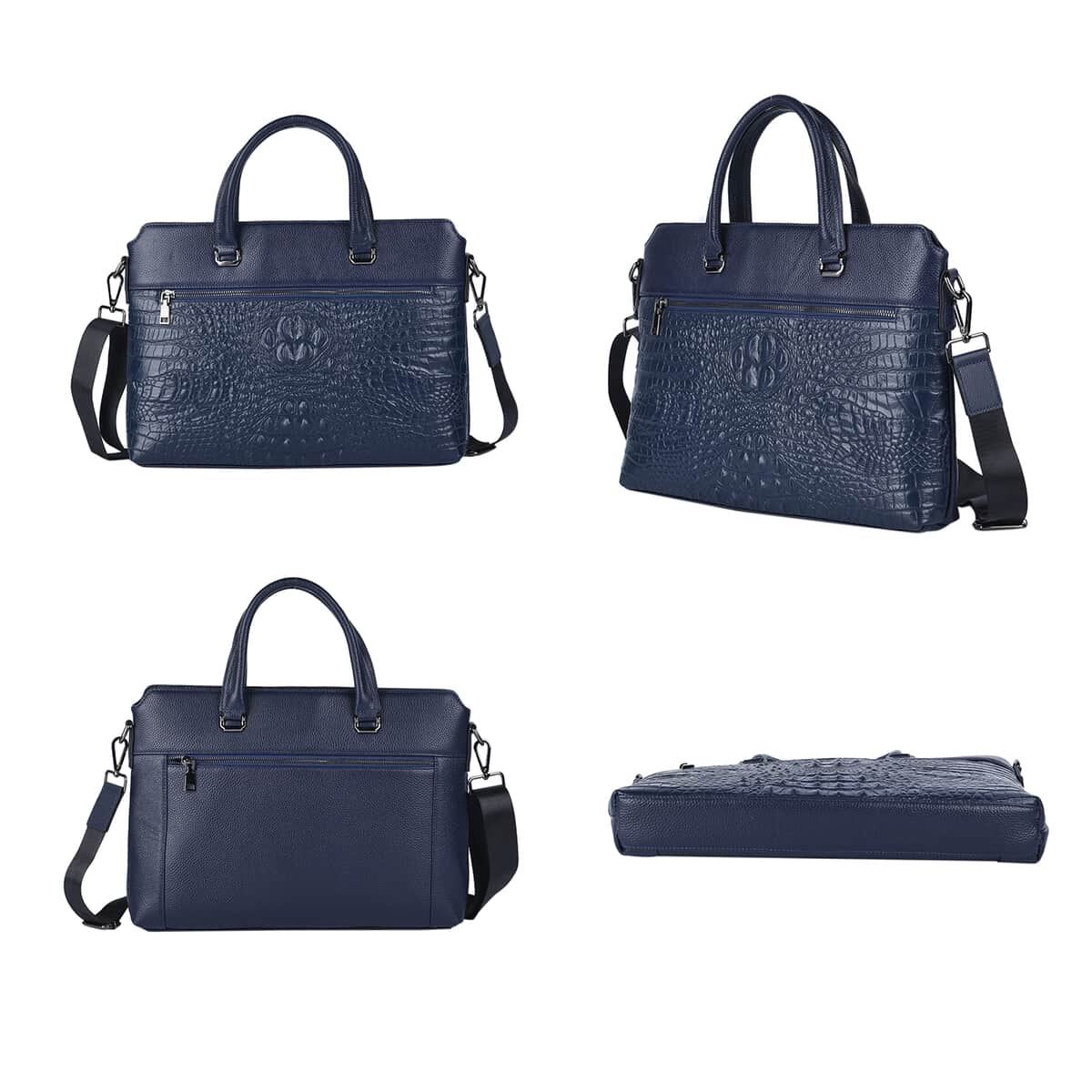 Navy Crocodile Embossed Pattern Genuine Leather Men's Laptop Bag with 45 Inches Shoulder Strap image number 2