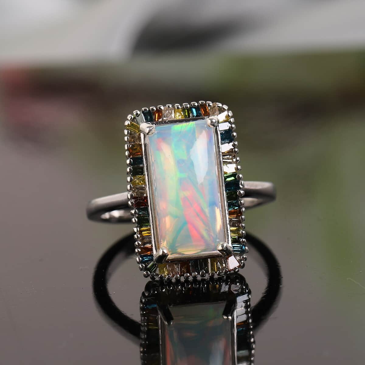 Premium Wegal Tena Opal and Multi Diamond Halo Ring in Platinum Over Sterling Silver (Size 7.0) 3.35 ctw image number 1