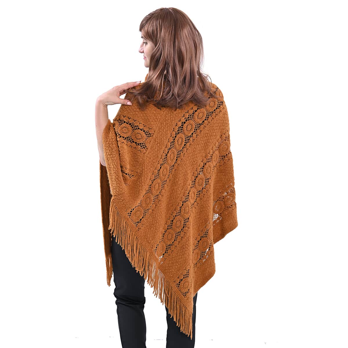 Brown Diamond-Shaped Knitted Poncho with Beads (One Size Fits Most) image number 2