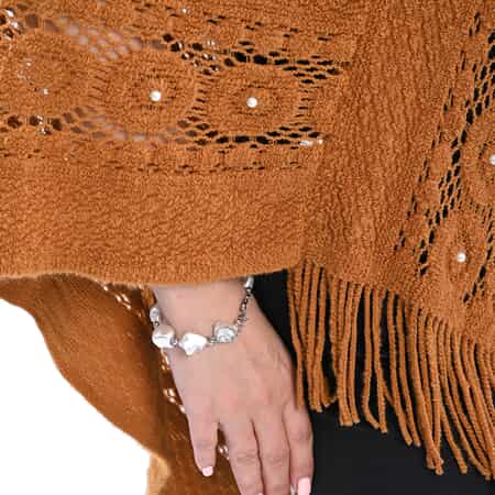Brown Diamond-Shaped Knitted Poncho with Beads (One Size Fits Most) image number 4