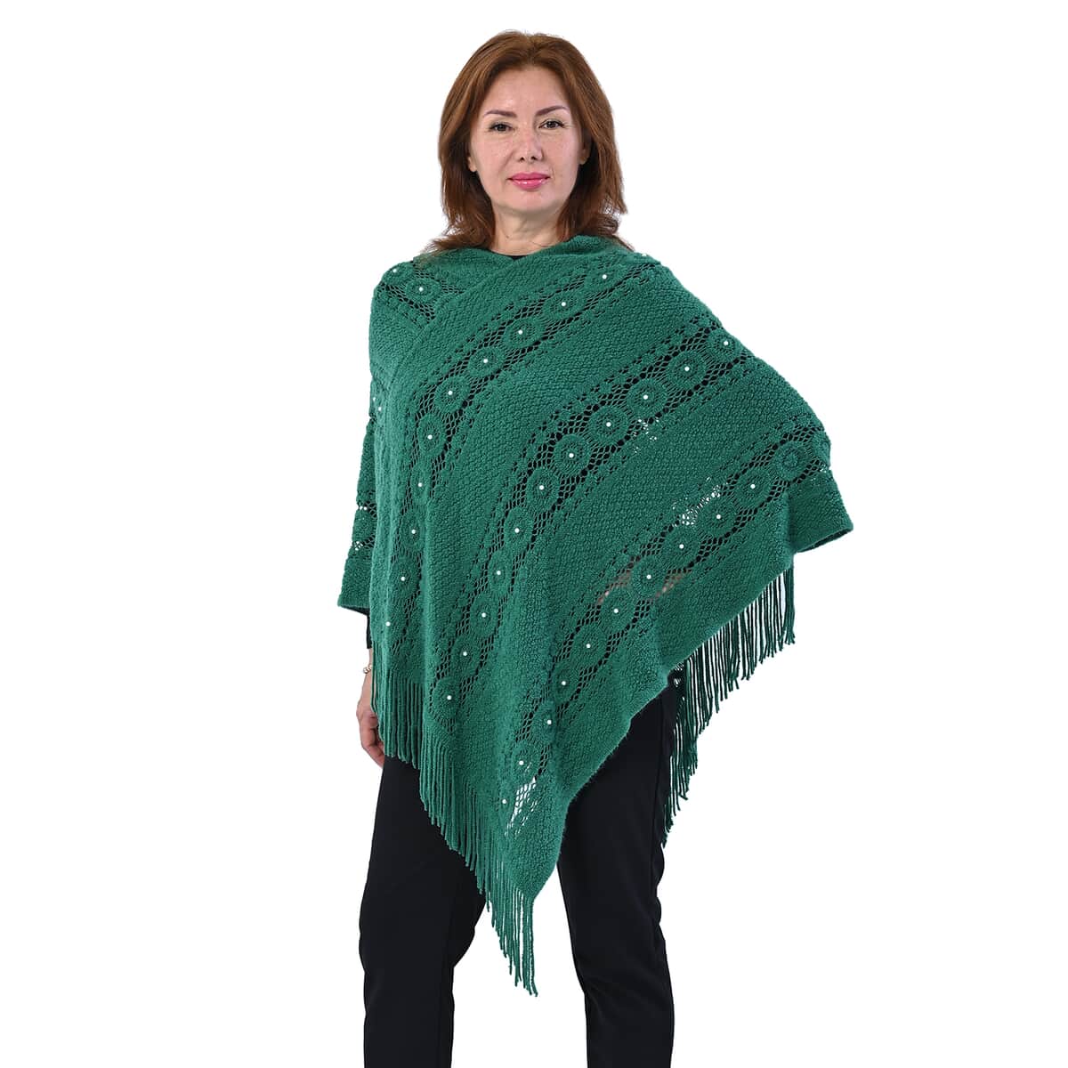 Green Diamond-Shaped Knitted Poncho with Beads (One Size Fits Most) image number 0