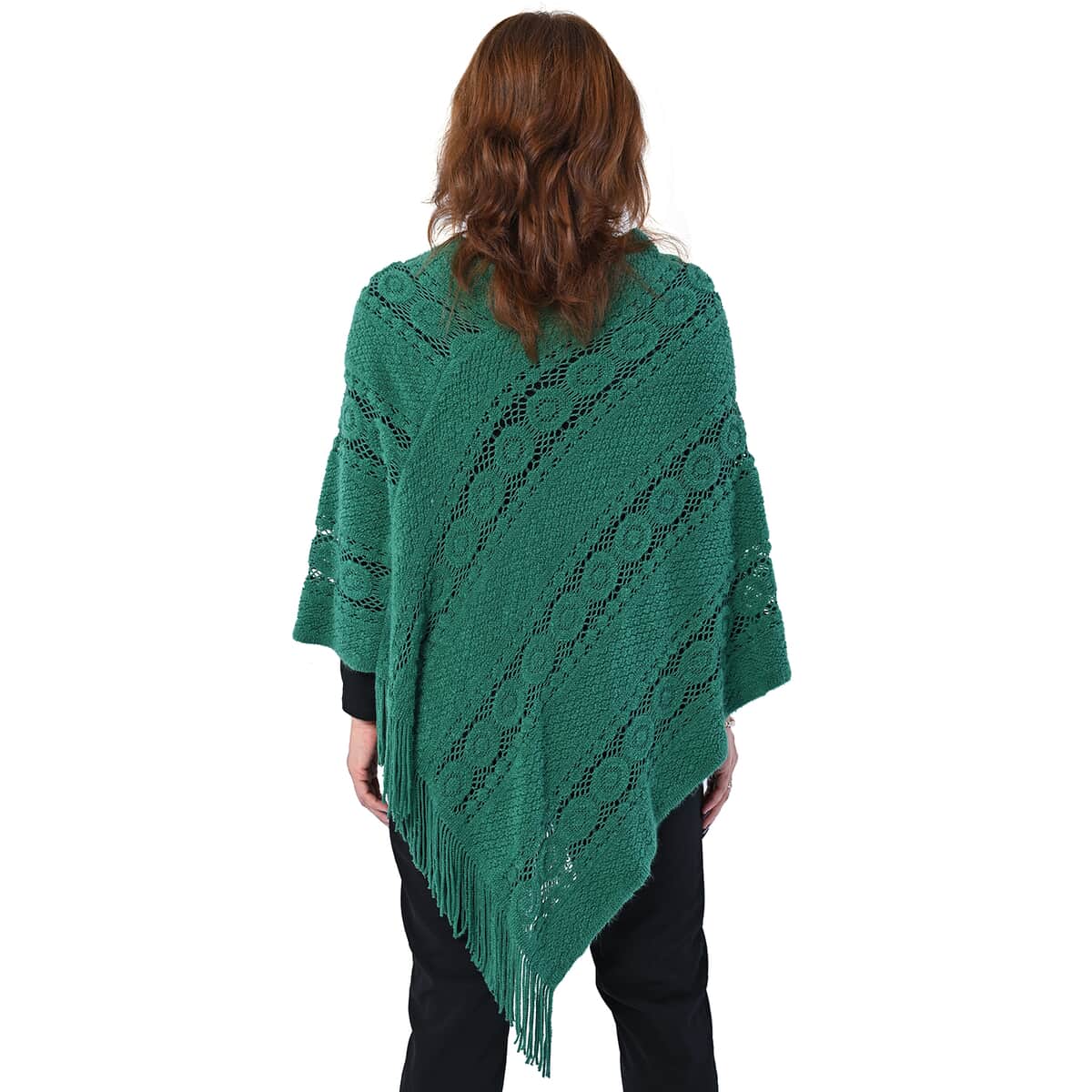 Green Diamond-Shaped Knitted Poncho with Beads (One Size Fits Most) image number 2