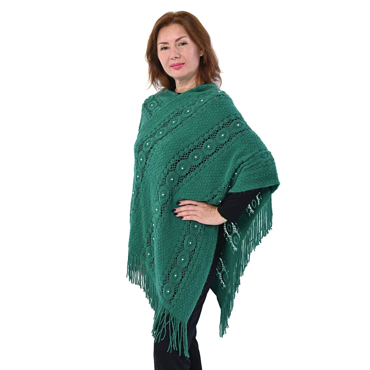 Green Diamond-Shaped Knitted Poncho with Beads (One Size Fits Most) image number 3