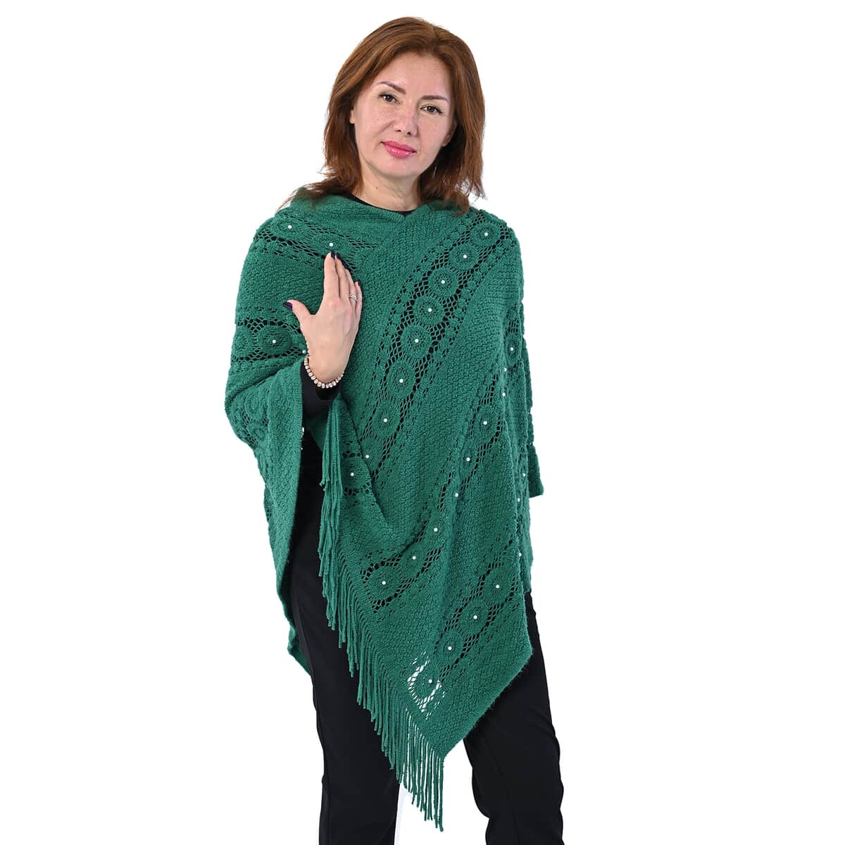Green Diamond-Shaped Knitted Poncho with Beads (One Size Fits Most) image number 4