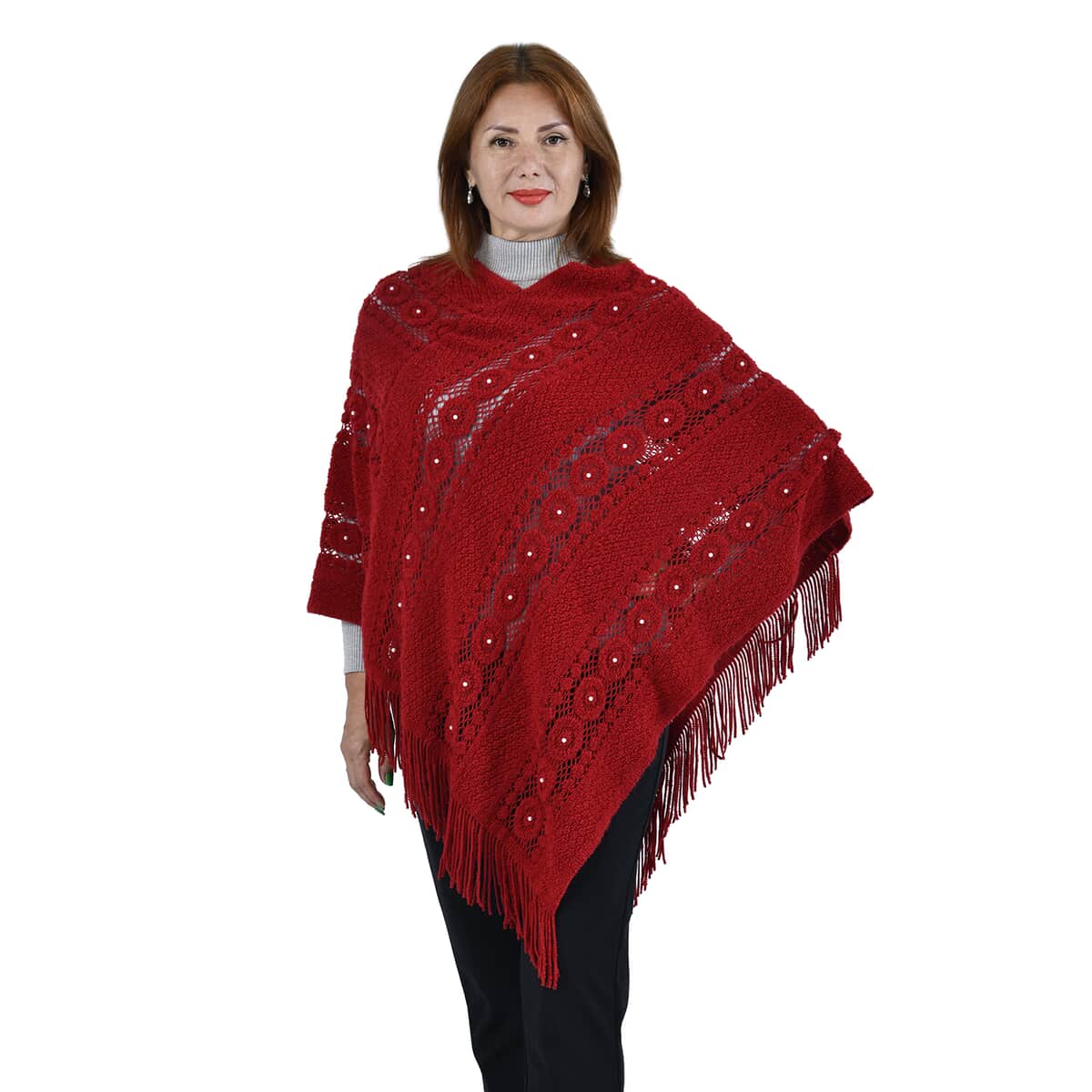 Red Diamond-Shaped Knitted Poncho with Beads (One Size Fits Most) image number 0