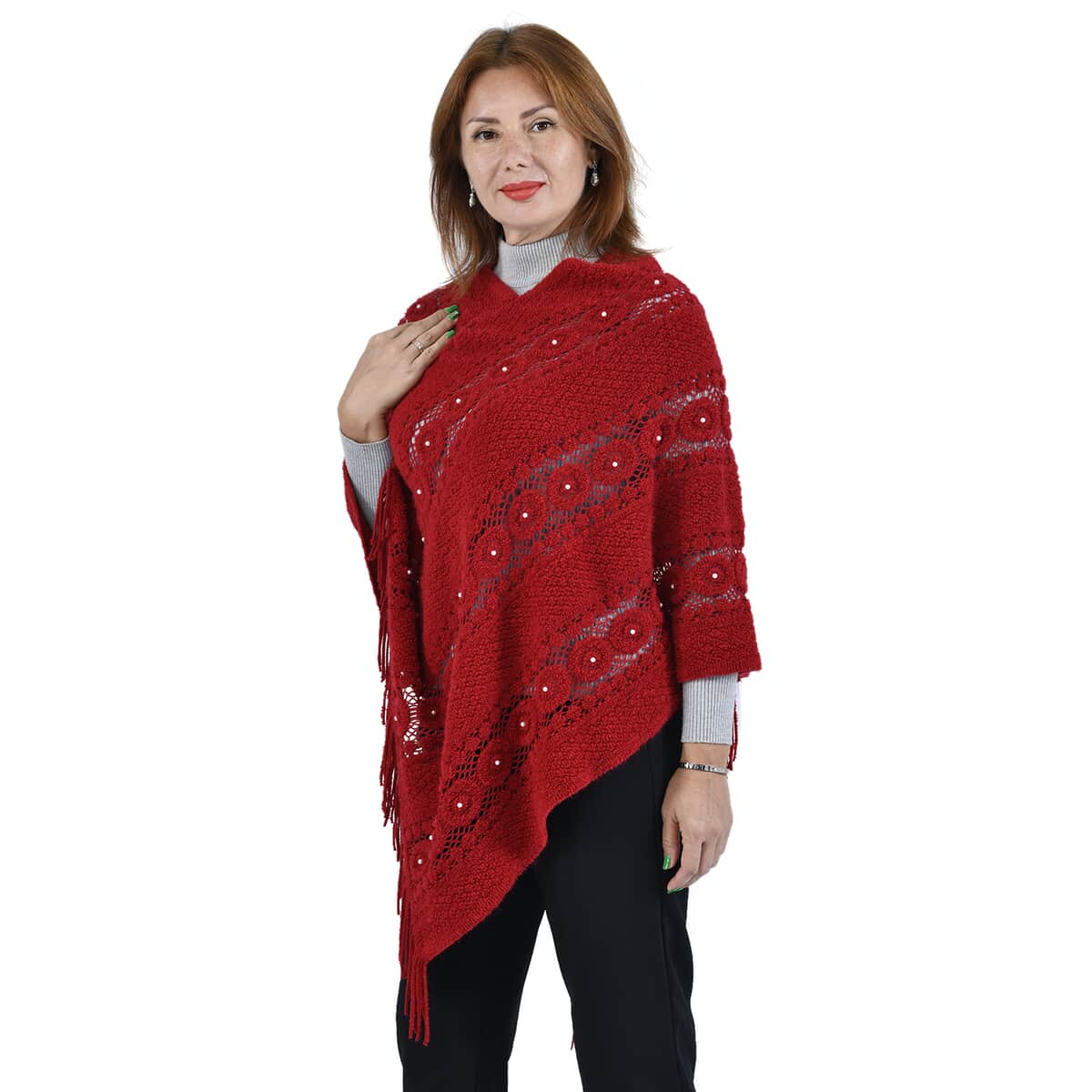 Red Diamond-Shaped Knitted Poncho with Beads (One Size Fits Most) image number 1