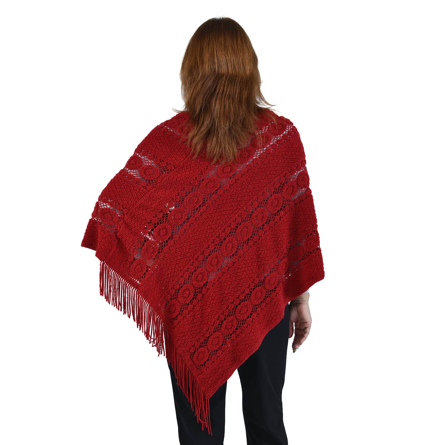 Buy Red Diamond-Shaped Knitted Poncho with Beads (One Size Fits